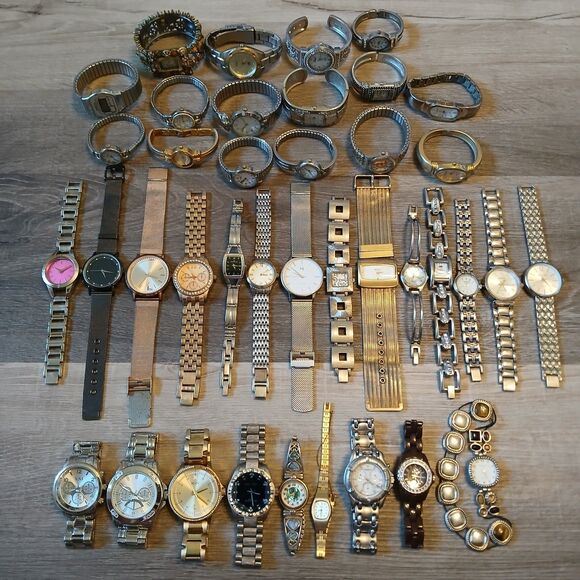 Lot 35+ Watches Parts/Repair ALL Metal Timex Fossil Relic Pulsar Anne Klein